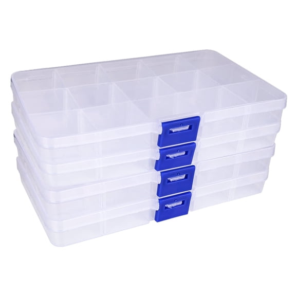 TIFOR 4 Packs 15 Grids Clear Plastic Organizers and Storage Box, for Organizing Screw, Small Parts, Bead Organizer, Jewelry Storage Adjustable Compartments Assortment Box (6.77 x 3.94 x0.87 inches)