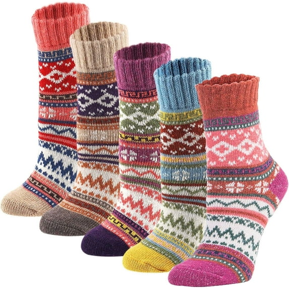TIFOR 5Pack Womens Vintage Winter Soft Warm Thick Cold Knit Wool Crew Socks, Multicolor, free size
