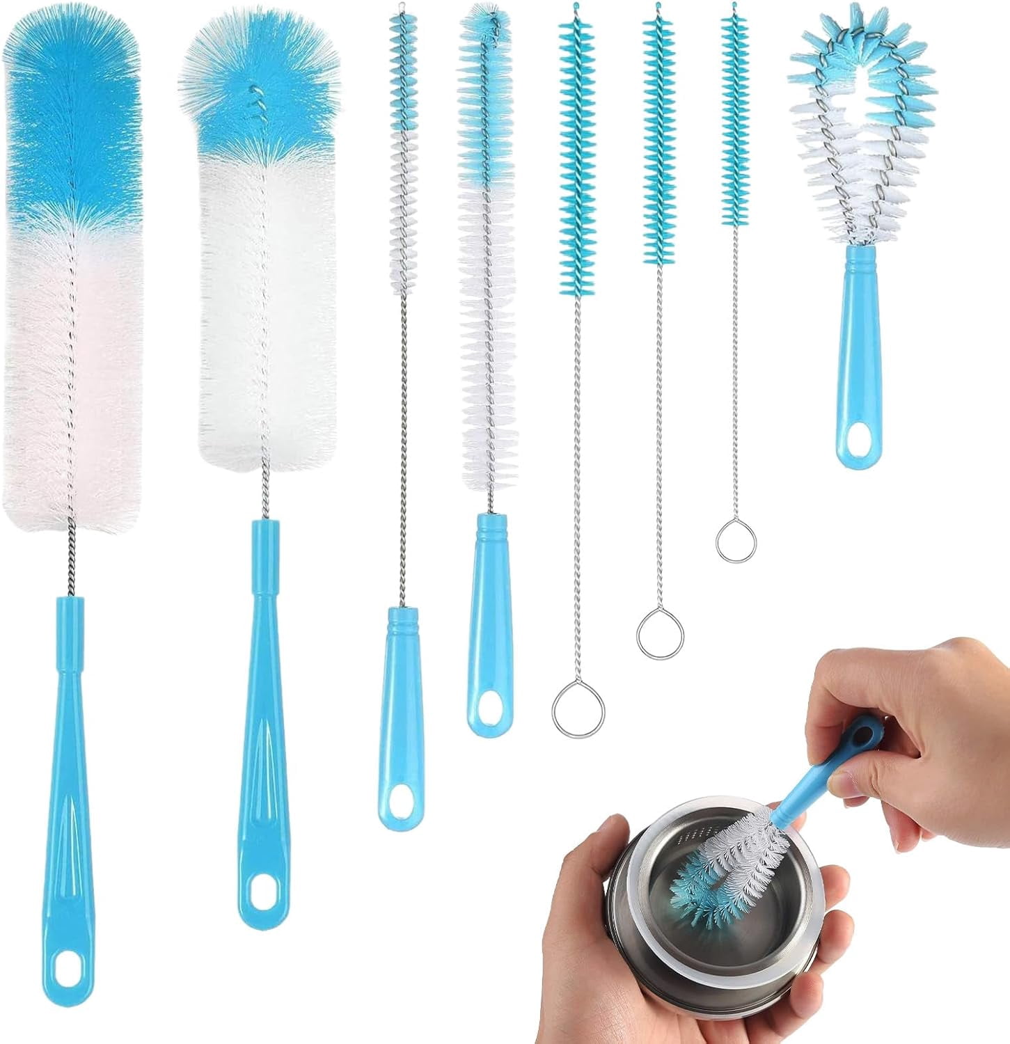 8-Pack Bottle Cleaning Brush Set - Long Handle Bottle Cleaner for Washing Narrow Wine/Beer Bottle, Thermos, Hummingbird feeder, Sport Well, Plus Kettle/Straw Brush