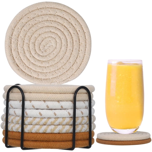 TIFOR 8Pcs Drink Coasters with Holder, 4.3Inch Handmade Cotton Coasters, 4 Colors Absorbent Coasters for Drinks, Minimalist Vintage Cotton Woven Coasters Set Thicken Heat for Home Table