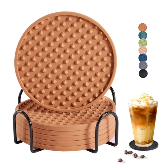 TIFOR Drink Coasters Set of 6 with Holder, Silicone Coasters Tabletop Protection for Any Table Type, Wood, Stone Tables, Dishwasher Safe, Coasters for Drinks Fits Any Size of Drinking Glasses Brown