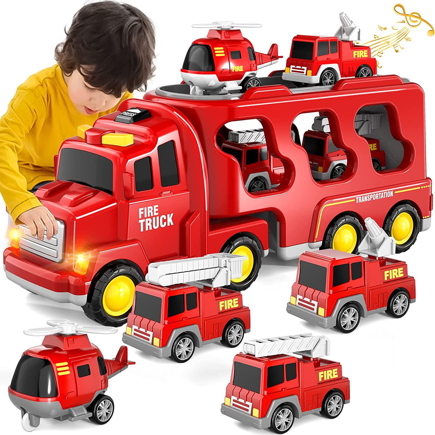TIFOR Fire Truck Toys for 3 4 5 6 Years Old Boys Toddlers, 5 in 1 Kids Carrier Fire Trucks Cars for Toddler Boy Toys Birthday, Car Trucks Friction Power Toys with Light Sound