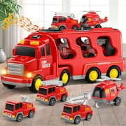TIFOR Fire Truck Toys for 3 4 5 6 Years Old Boys Toddlers, 5 in 1 Kids Carrier Fire Trucks Cars for Toddler Boy Toys Birthday, Car Trucks Friction Power Toys with Light Sound