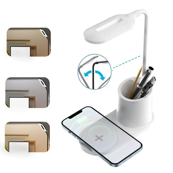 TIFOR Multifunctional LED Desk Lamp with 10W Fast Wireless Charger, USB Charging Port,3 Brightness Levels, Eye-Caring Office Lamp,White