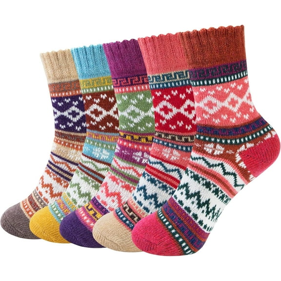 TIFOR Pack of 5 Womens Winter Socks Warm Thick Knit Wool Soft Vintage Casual Crew Socks Gifts