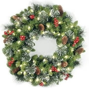 TIFOR Pre-Lit Artificial Christmas Wreath, Green, Crestwood Spruce, White Lights, Decorated with Pine Cones, Berry Clusters, Frosted Branches, Christmas Collection, 24 Inches