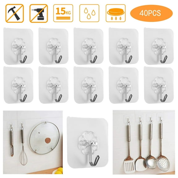 TIFOR Self-Adhesive Wall Hooks Heavy Duty Reusable Hangers, Transparent 40-Pack