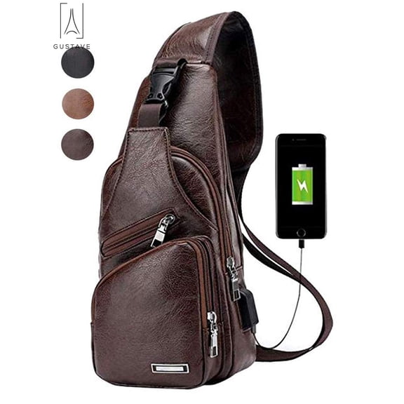 TIFOR Sling Bag for Men Chest Shoulder Backpack Waterproof Leather Crossbody Bag with USB Charging Outdoor Hiking Travel "Dark Brown"