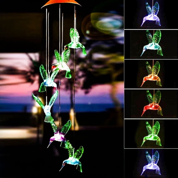 TIFOR Solar Changing Color Hummingbird Wind Chime, Solar Powered LED Hanging Lamp Windchime Light for Outdoor Indoor Gardening Yard Pathway