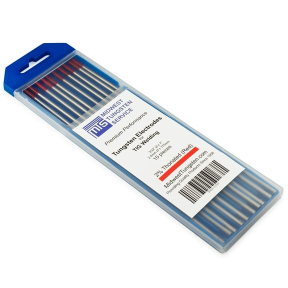 TIG Welding Tungsten Electrodes 2% Thoriated 3/32" x 7" (Red, WT20) 10-Pack