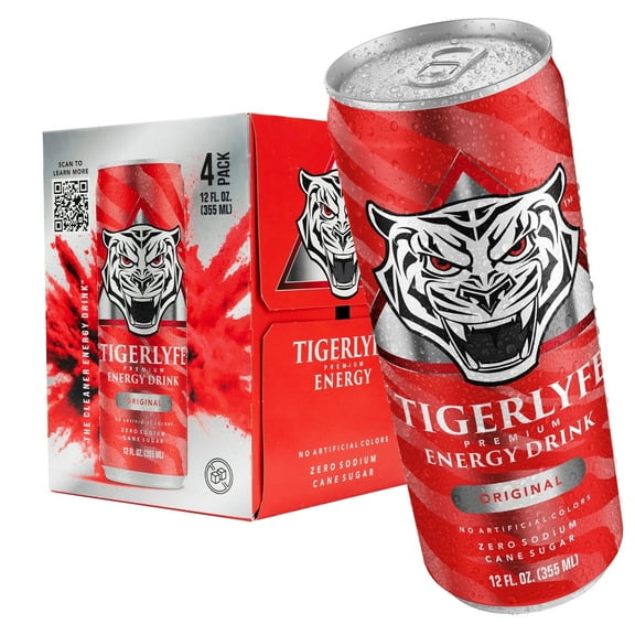 TIGERLYFE Energy Drink 4 Pack, 12oz Slim Cans, 24g Cane Sugar, 110 Calories Energy Drink for Energy & Focus, Zero Calorie with Vitamin B & Potassium (Original Flavor)