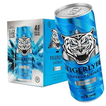 TIGERLYFE Energy Drink 4 Pack, Sugar Free Energy , Zero Calorie, Diet Energy Drink, 12oz Slim Can, Zero Sugar with B Vitamins & Electrolytes, for Boost & Hydration (Maltese)