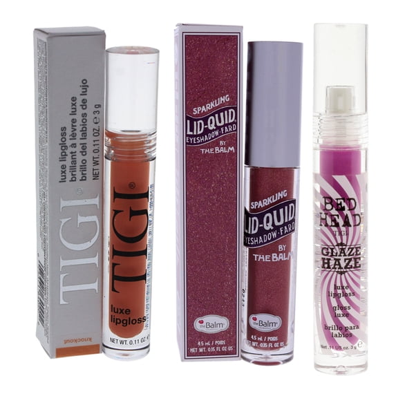 TIGI Lid-Quid Sparkling Liquid Eyeshadow With Luxe Lipglos and Bed Head Luxe Lipgloss 3 Pc Kit - 0.15 oz Eye Shadow - Strawberry Daiquiri, 0.11oz Lip Gloss - Knockout, 0.11oz Lip Gloss - Glaze Haze