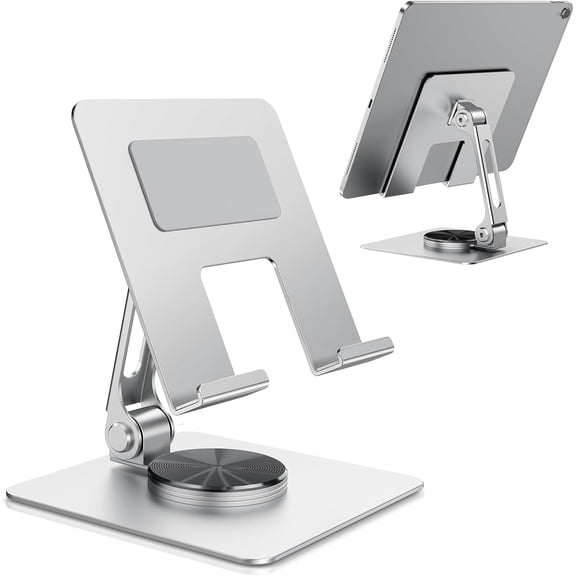 360 Rotating Tablet Stand for iPad, Adjustable Foldable Metal Desk Stand, Stable Portable Tablet Holder for Office, Kitchen, Video Calls, Compatible with iPad Pro/Air/Mini, Kindle, Surface