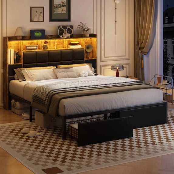 TIGUBFRE LED Bed Frame Queen Size with Bookshelf PU Leather Headboard, 2 Hidden Storage Drawers, Upholstered Platform Bed with Charging Station, Black