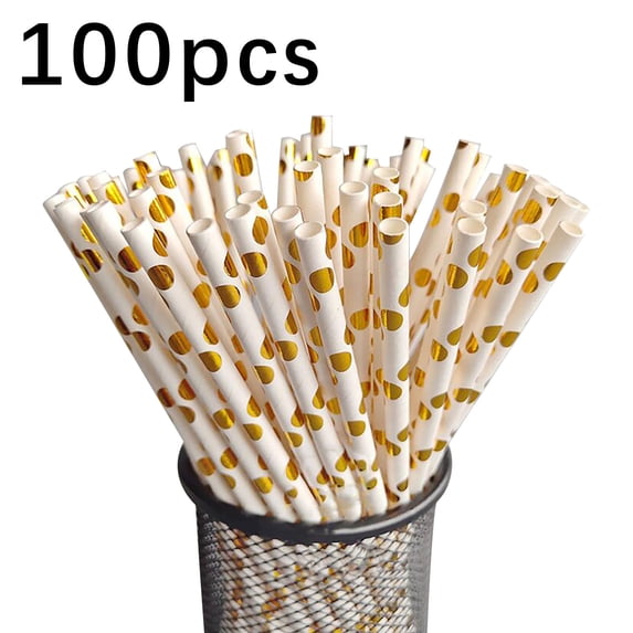 TIHLMK 100Pcs Rose Gold Paper Straws Polka Dot Foil Biodegradable Drinking Straws Non-toxic BPA-free