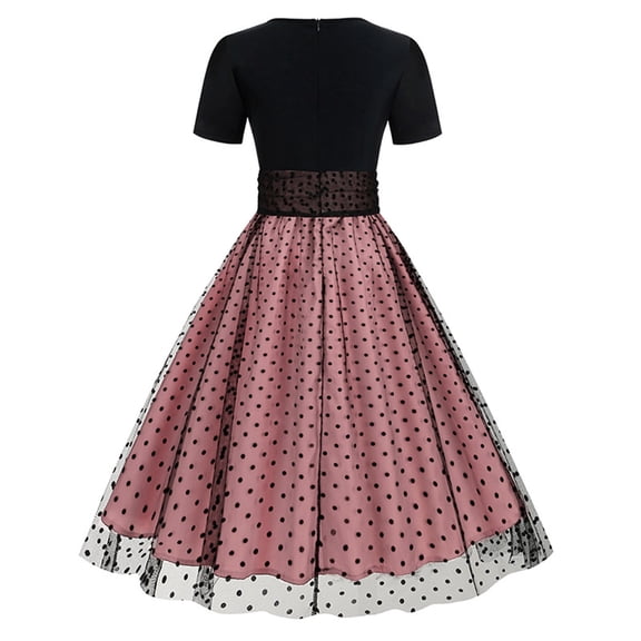TIHLMK 50s Vintage Formal Dresses Women's Polka Dot Retro Patchwork Dress 1950s Rockabilly Cocktail Swing Dresses Crew Neck Pink Short Sleeve Dress