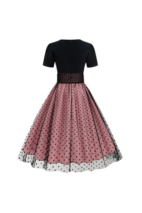 50s Vintage Formal Dresses Women's Polka Dot Retro Patchwork Dress 1950s Rockabilly Cocktail Swing Dresses Crew Neck Pink Short Sleeve Dress