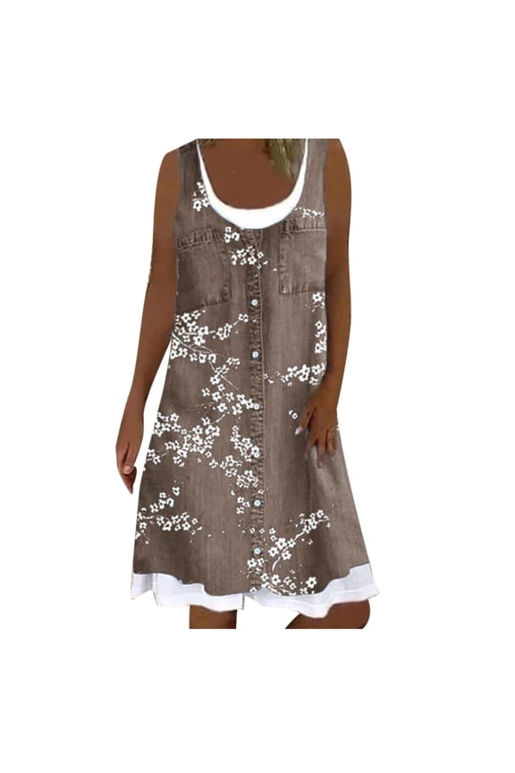 Beach Dresses for Women Women Fashion Casual Floral Printing Loose Fake Two-Piece Denim Dress