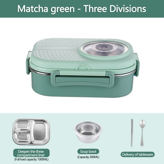 TIHLMK Bento Boxes Stainless Steel Lunch Soup Bowl with Spoon & Chopsticks 3 Compartments Lunch Container Food Storage Box