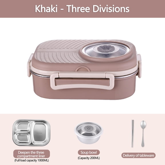 TIHLMK Bento Boxes Stainless Steel Lunch Soup Bowl with Spoon & Chopsticks 3 Compartments Lunch Container Food Storage Box