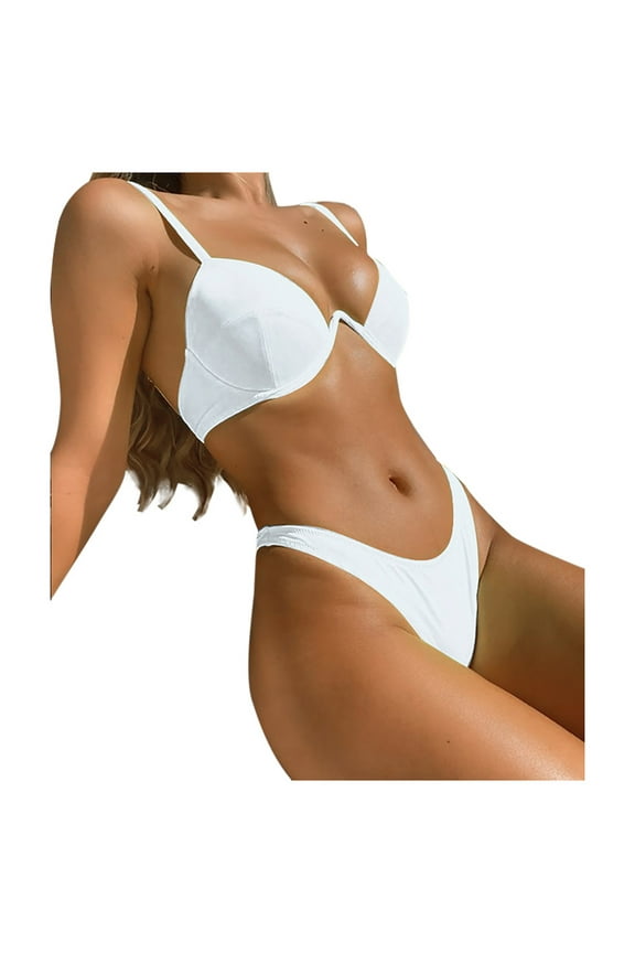 White Womens Bikini Sets Comfortable Solid Color Two-Piece Bikini Set with Padded Bra Polyester Swimwear for Beach, Pool Party & Daily Wear