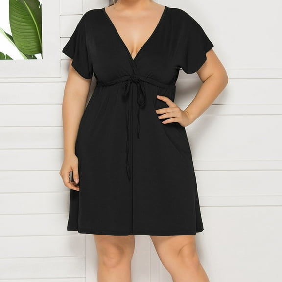 TIHLMK Black Dress Women Fashion Solid Color Sleeveless Deep V-neck Elastic Waist Dress Plus Size