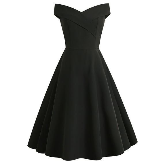 Jamicy Black Dress Women's Summer Off Shoulder V Neck Vintage Solid Party Swing Dress Clearance