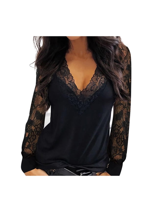 Blouses Shirts Fashion Womens Casual Sexy lace mesh stitching V-neck long sleeve top Black