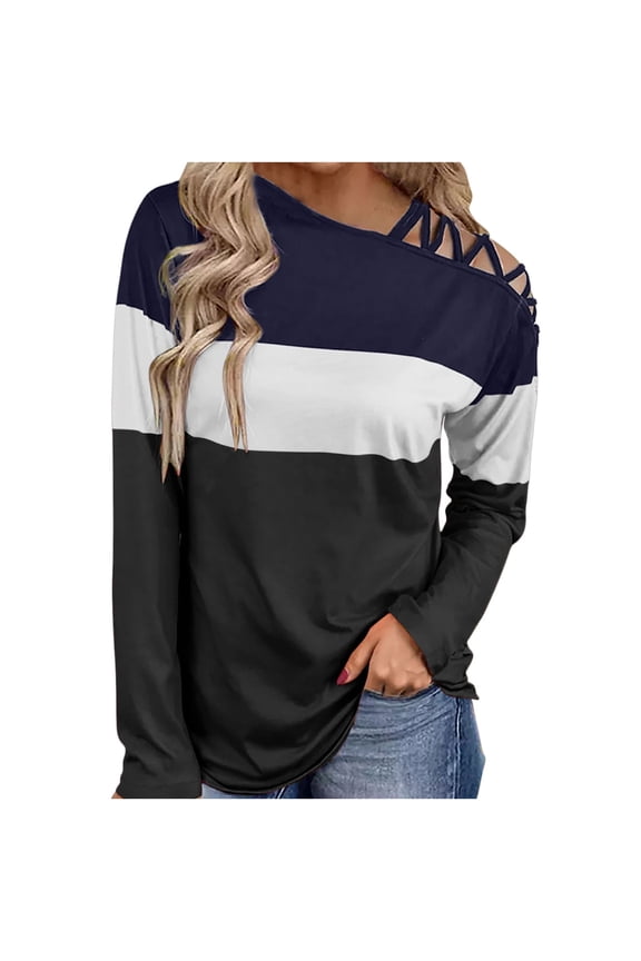 Blouses Shirts Women Long Sleeves Shoulder Off-the-shoulder Cross Strap Plaid Color Block Tops Blouse Tunic Tops Navy