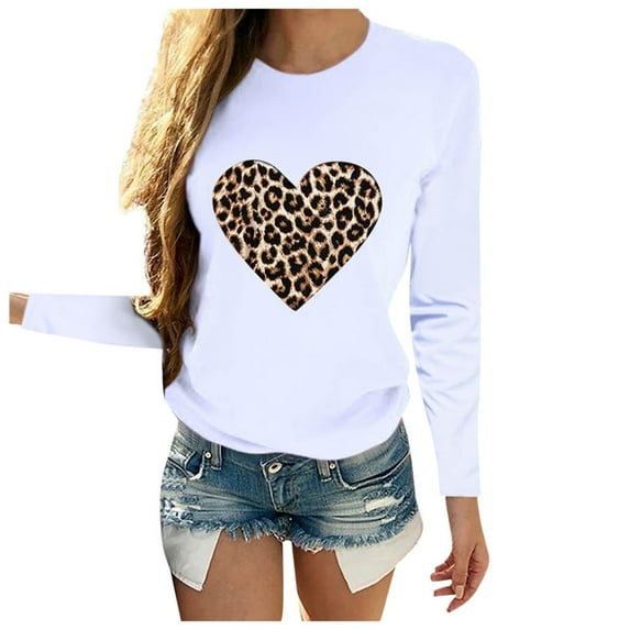 TIHLMK Blouses Shirts Women Valentine's Day Casual Long Sleeve O Neck Leopard Print Heart-shaped Top White