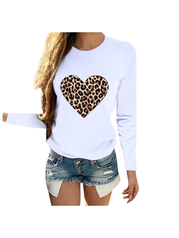Blouses Shirts Women Valentine's Day Casual Long Sleeve O Neck Leopard Print Heart-shaped Top White