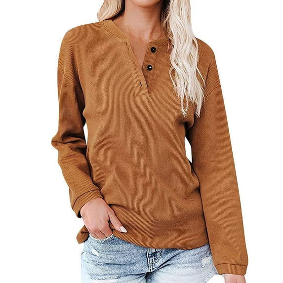 TIHLMK Blouses Shirts Women's Casual Solid Color Buttons Long Sleeve V-Neck Loose Shirt Blouse Top Brown