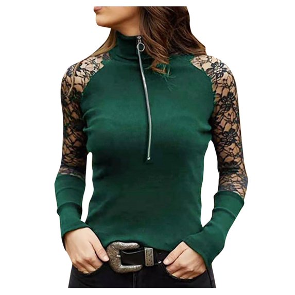 TIHLMK Blouses Shirts Women's Fashion Stitching Lace Zipper Long Sleeve Solid Color Pullover Tops Green