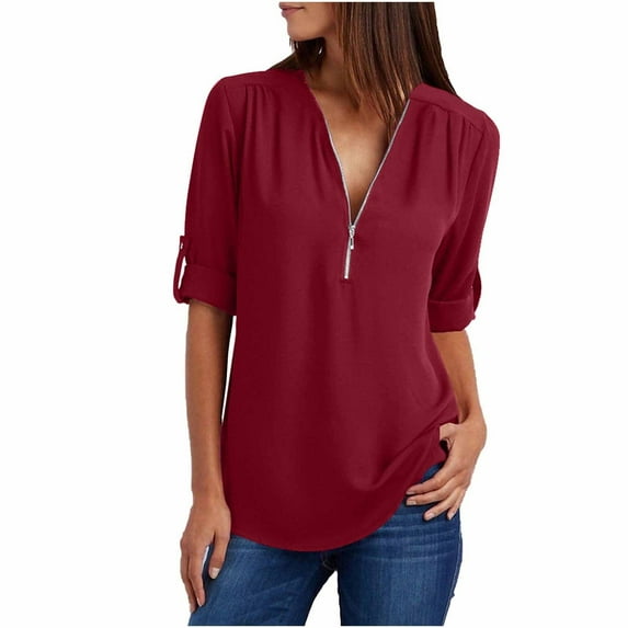 TIHLMK Blouses Shirts Women's Summer Long Sleeve Shirts Zip Casual Tunic V-Neck Rollable Blouse Tops Wine