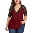 thumbnail image 1 of TIHLMK Blouses for Women Fashion Plus Size Womens Casual Half Sleeve Solid Lace V-Neck Splicing T-shirt Net Yarn Tops Wine, 1 of 8
