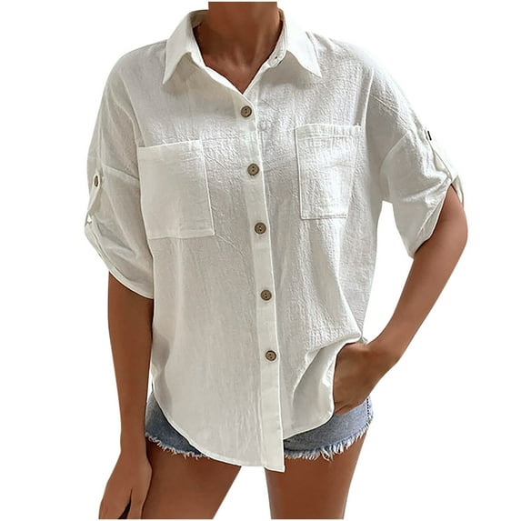 TIHLMK Button Down Blouses for Women Womens Button Down Shirt with Pockets Short Sleeve Turndown Collar Solid Summer Top Blouses White Shirt