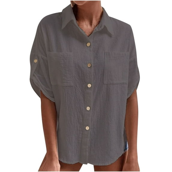 TIHLMK Button Down Blouses for Women Womens Button Down Shirt with Pockets Short Sleeve Turndown Collar Solid Summer Top Blouses Gray Shirt