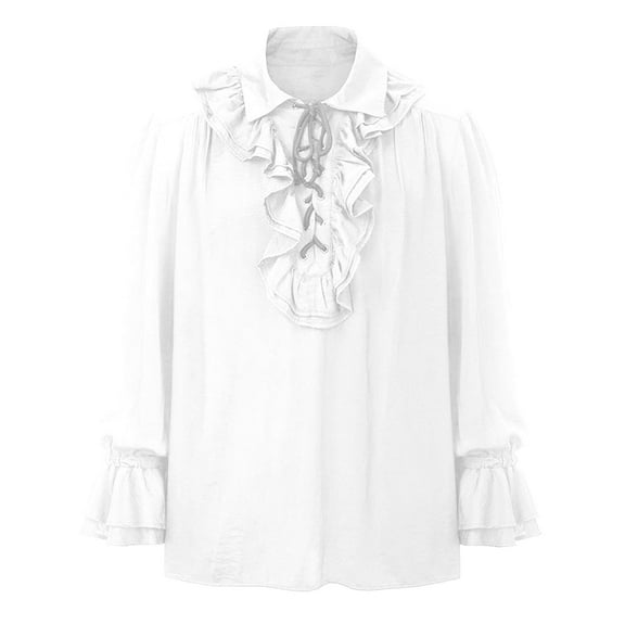 TIHLMK Casual Blouse Men Casual Fashion Pullover Long Sleeve Turndown Ruffled Renaissance Shirt Steampunk Trumpet Sleeve Top White