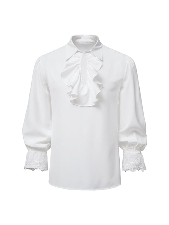 Casual Blouse Men Casual Fashion Pullover Long Sleeve Stand Collar Ruffled Renaissance Shirt Steampunk Trumpet Sleeve Top White