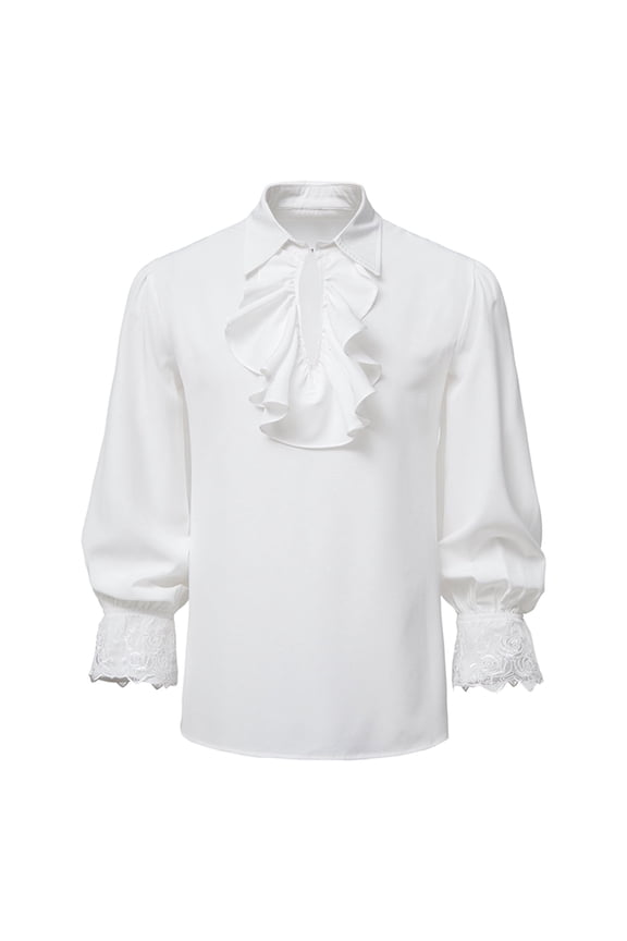 Casual Blouse Men Casual Fashion Pullover Long Sleeve Stand Collar Ruffled Renaissance Shirt Steampunk Trumpet Sleeve Top White