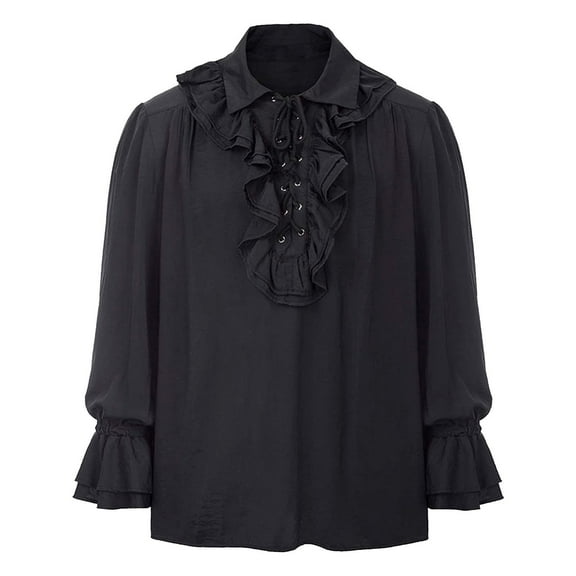 TIHLMK Casual Blouse Men Casual Fashion Pullover Long Sleeve Turndown Ruffled Renaissance Shirt Steampunk Trumpet Sleeve Top Black