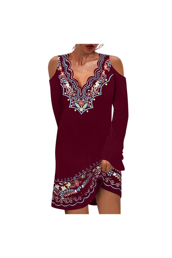Casual Dress Fashion Women Autumn Printing Causal V-Neck Long Sleeve Off The Shoulder Dress Wine