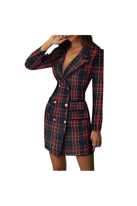 Casual Dress Fashion Women Long Sleeve Plaid Print Button Dress V-Neck Pleated Party Skinny Dress Red