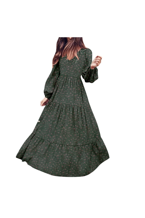 Casual Dress Women Fashion Casual Chiffon Hedging V-neck Large Pendant Long Sleeve Floral Dress Green