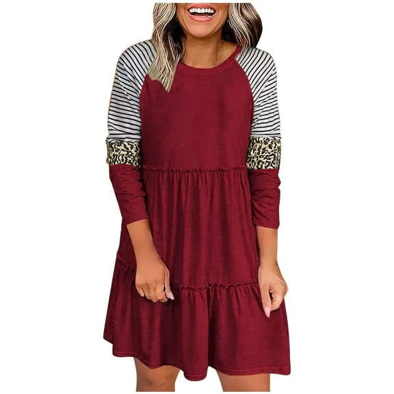 TIHLMK Casual Dress Women Casual Loose Round Neck Leopard Print Patchwork Long Sleeve Pullover Mini Dress Wine