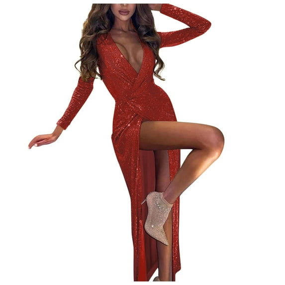 TIHLMK Casual Dress Women Deep V-Neck Self Cultivation Long Sleeve Bag Hip Slim Elegant Ladies Party Sequins Dress Red