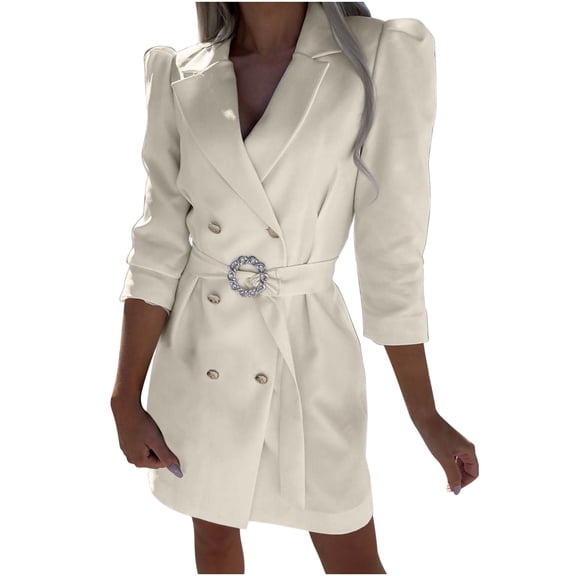 TIHLMK Casual Dress Women's Spring And Autumn Suit Lapel Double Breasted Waist Solid Color Slim Fit Long Sleeve Garland Belt Dress Beige