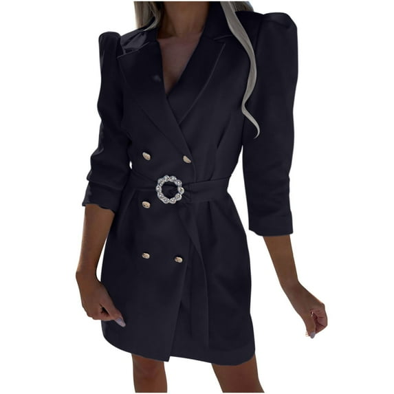 TIHLMK Casual Dress Women's Spring And Autumn Suit Lapel Double Breasted Waist Solid Color Slim Fit Long Sleeve Garland Belt Dress Black