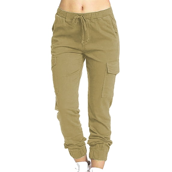 TIHLMK Casual Pants Fashion Women Plus Size Drawstring Casual Solid Elastic Waist Pocket Loose Pants Khaki
